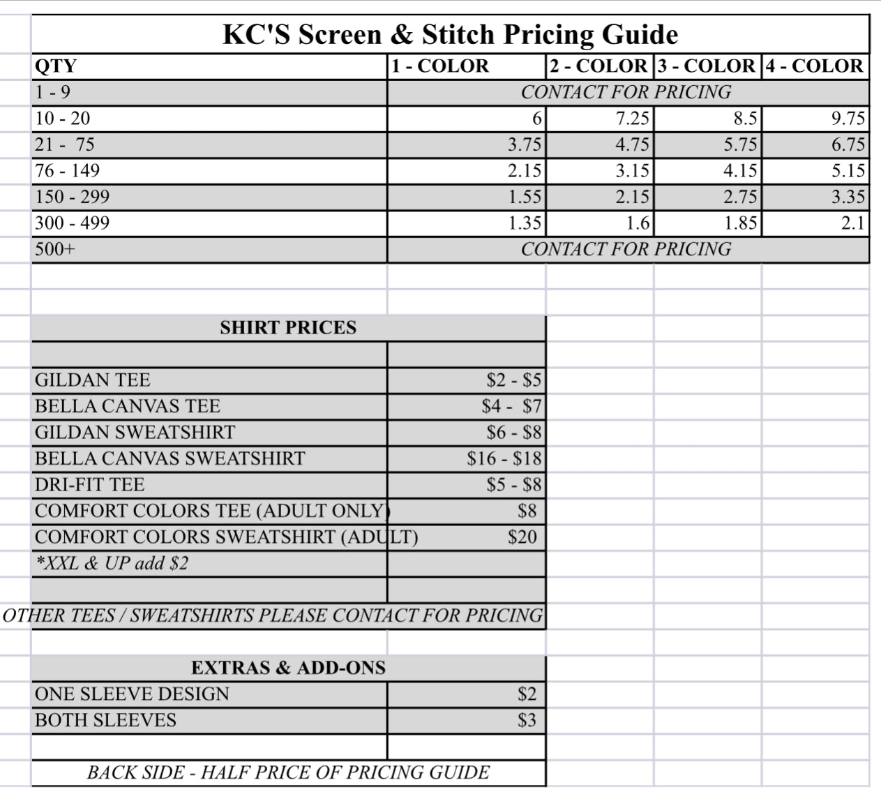 PRICE GUIDE